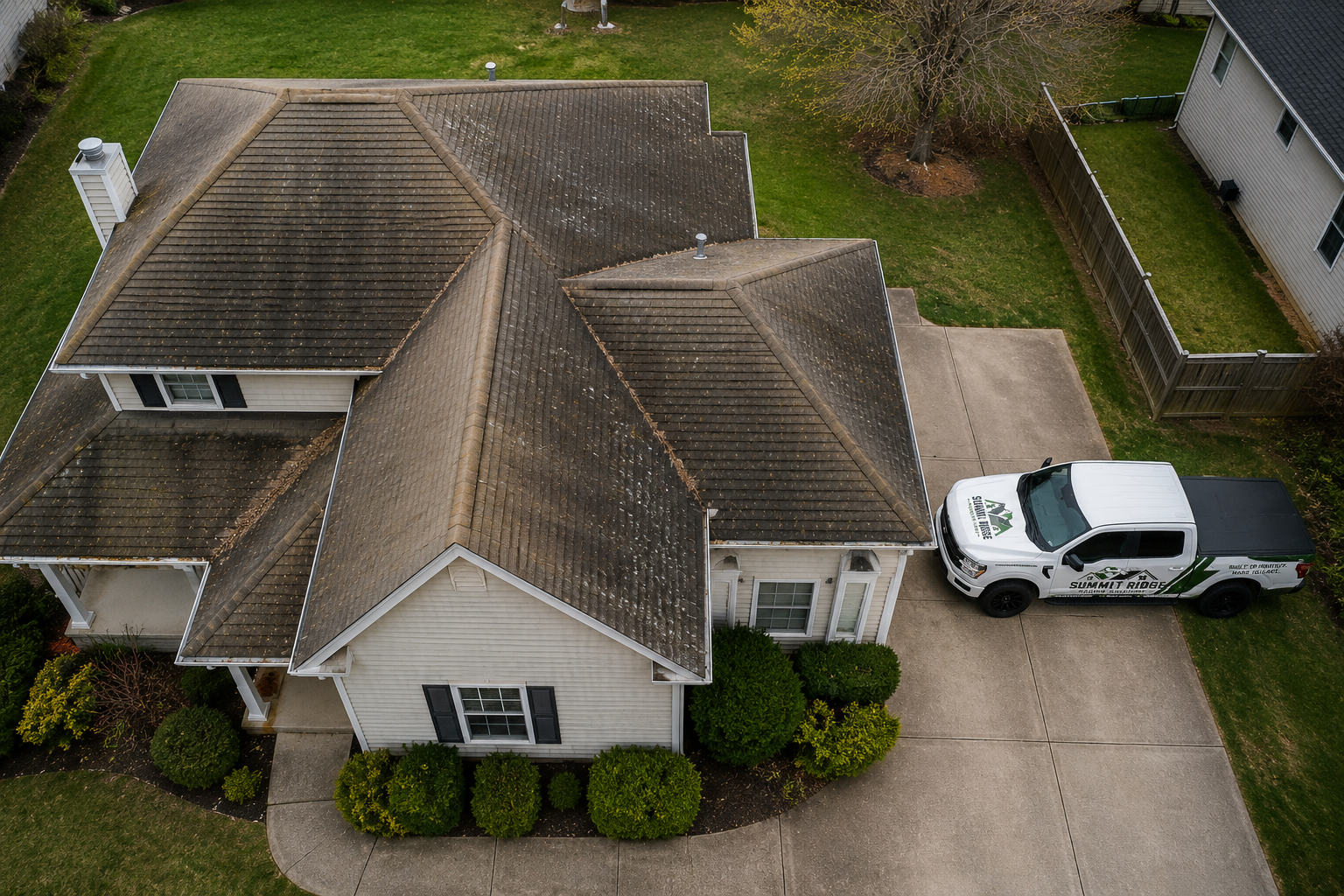A worn, faded roof before Summit Ridge's replacement